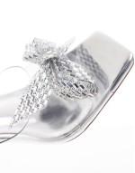Simmi London Wide Fit Ashleigh clear mid heeled mules with embellished bow in silver