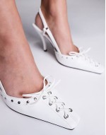Pretty lace up detailed slingback high heeled shoes in white