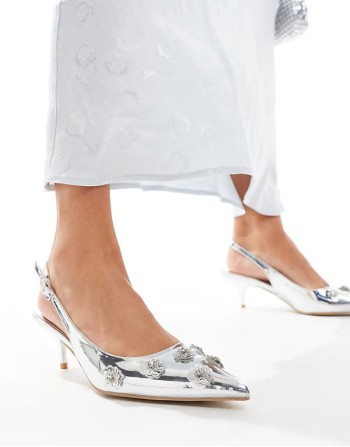 Kyle sling back pointed kitten heels with 3D embellished flowers in silver