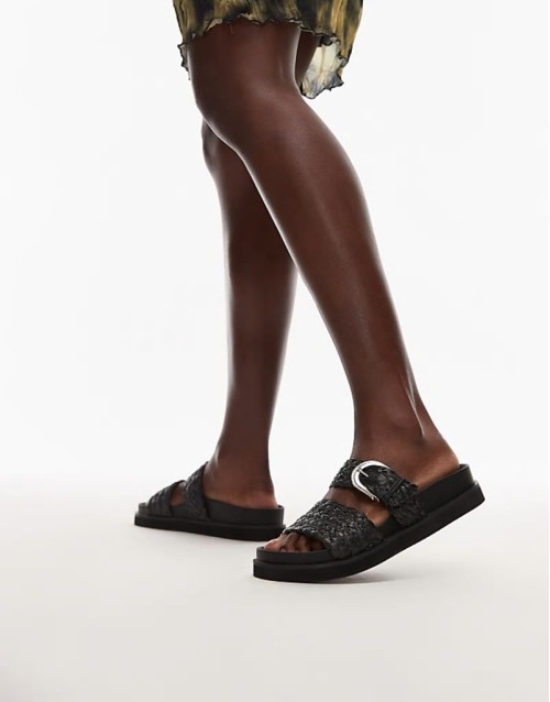 Kady raffia flat sandal with buckle in black