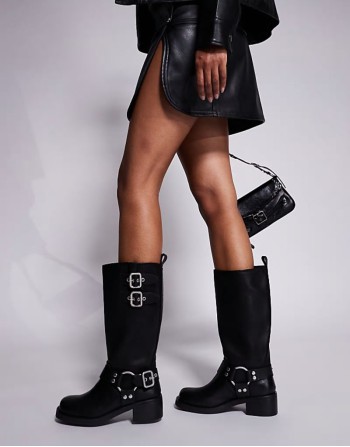 Eastern biker knee boots with chunky hardwear in Black