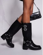 Eastern biker knee boots with chunky hardwear in Black