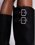 Eastern biker knee boots with chunky hardwear in Black