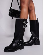 Eastern biker knee boots with chunky hardwear in Black