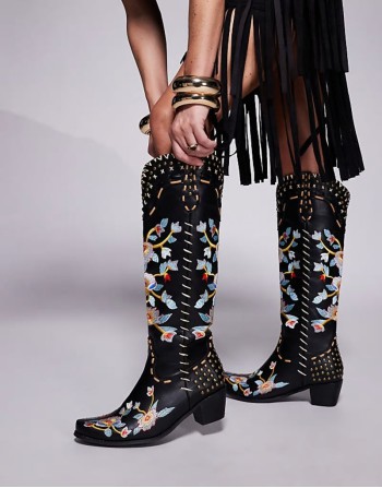 Azaela Wang Phineas floral embroidered western boots in black